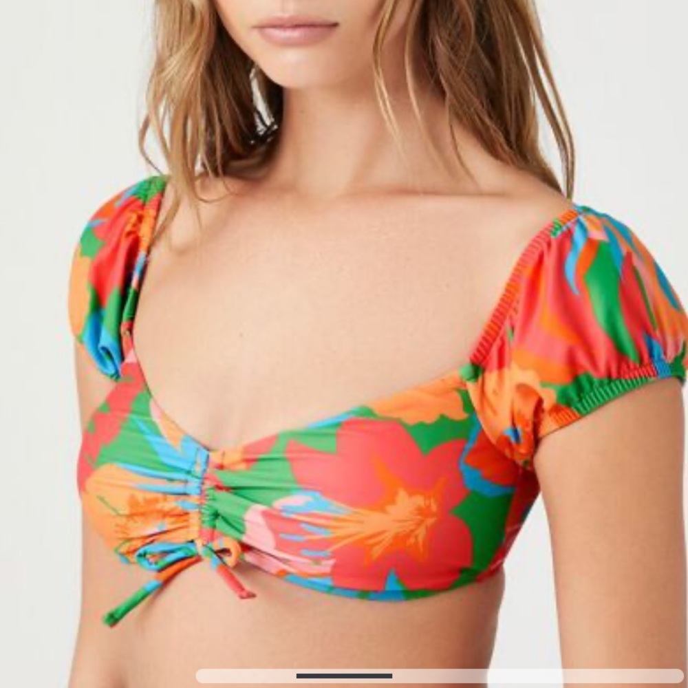 Forever 21 Sweetheart Bikini Top Crop Floral Tropical Swim Suit Puff Sleeve